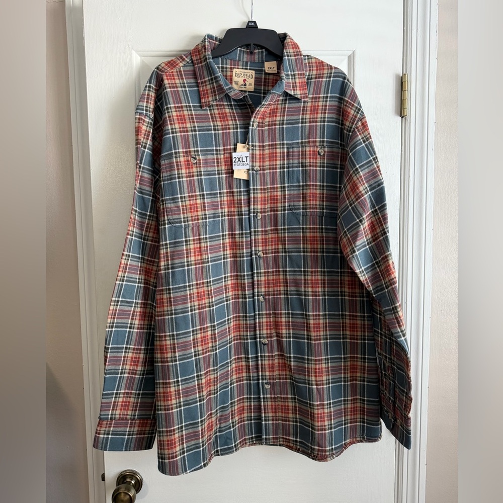 NWT Red Head Men's 2XLT Plaid Button-Down Shirt - Red and Gray